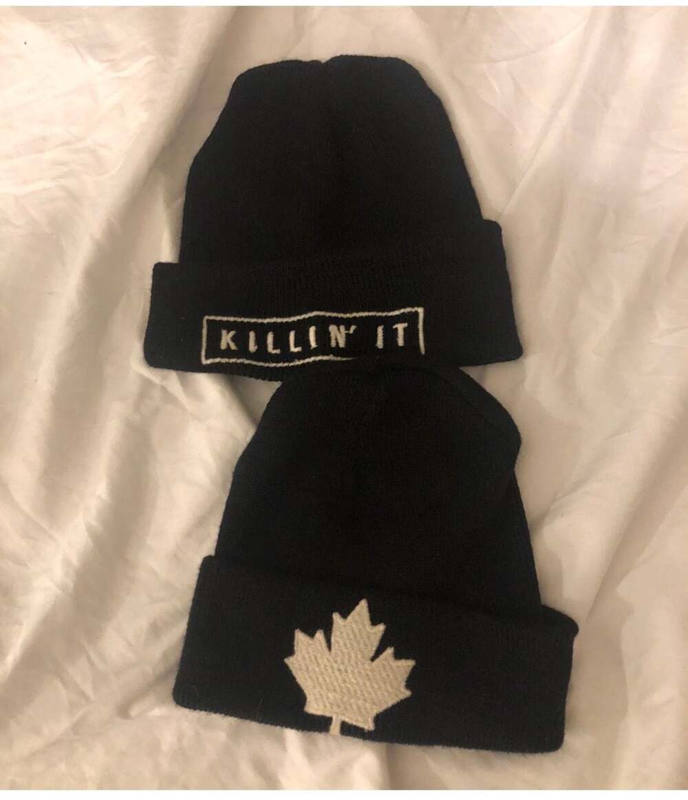 Brandy Melville Killin' It and Maple Leaf Embroidered Cuffed Beanies - Set of 2